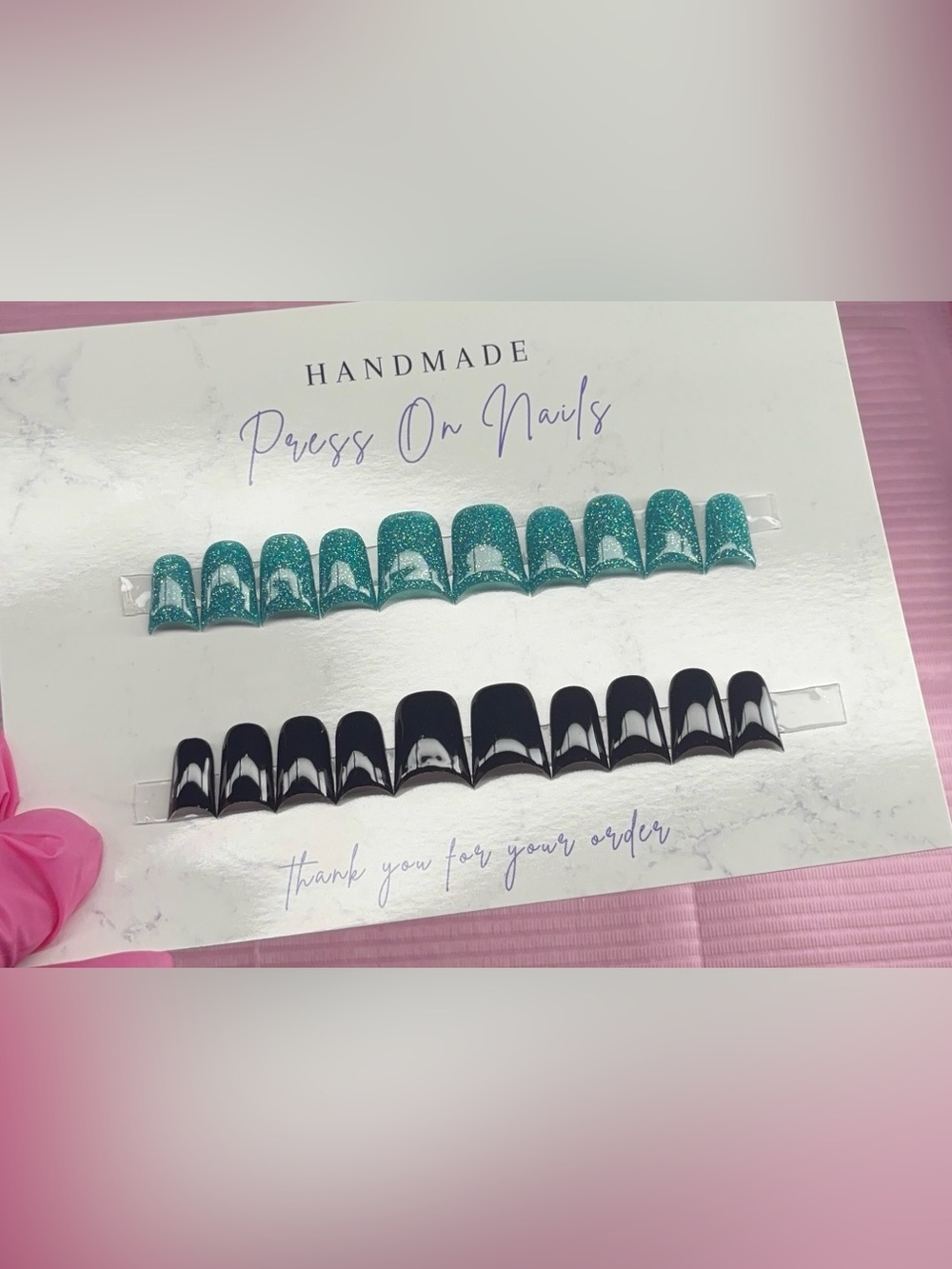 Short duck press on nails glitter black teal handmade custom builder gel